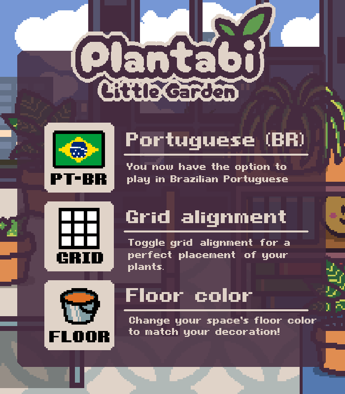 d__adee's tweet photo. Plantabi: Little Garden UPDATES🪴

- Available on STEAM (for PC and Mac users), and Nintendo Switch!
- The game has also been translated to Brazilian Portuguese!
- Toggle grid alignment to snap objects in place!
- Change floor color to match your decoration!

#cozygame #indiegame https://t.co/l19qmRy8T6