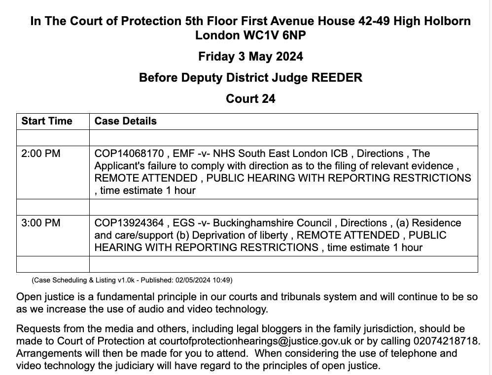 Two in person and remote hearings to observe before DDJ Reeder on Friday 3 May 2024. Email the court to request the links to observe or head to the court, leaving time to get through security.