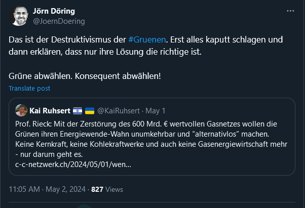 Das Thema scheint ja sehr dazu geeignet zu sein, die wahre Einstellung mancher Akteure zum Vorschein zu bringen. 😄 @ProfRieck betreibt ein wenig Gas-FUD bei Tichy, der @KaiRuhsert macht daraus die Zerstörung der Gasnetze und @JoernDoering nutzt es für einen Rundumschlag. 🍿