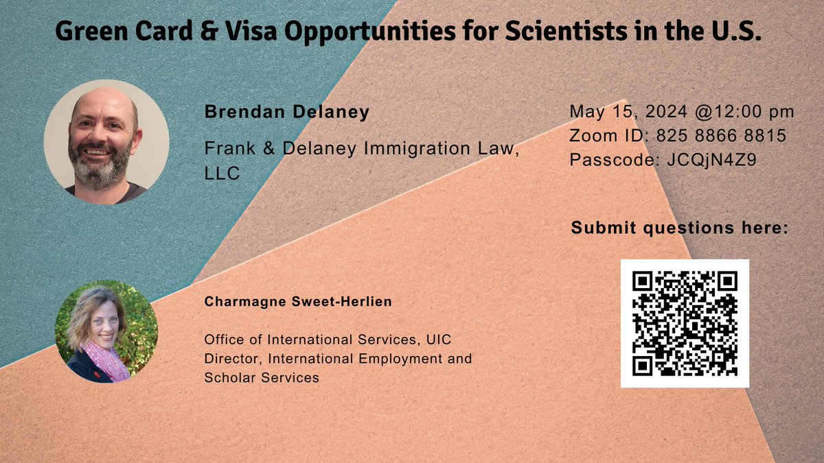 UICPostdoc's tweet image. Event Announcement!
We will be hosting a virtual seminar on Green Card & Visa Opportunities for Scientists in the U.S. on May 15, 12:00 CDT. Topics include different types of visas, info on the US immigration system, and specific opportunities at UIC. No registration required!