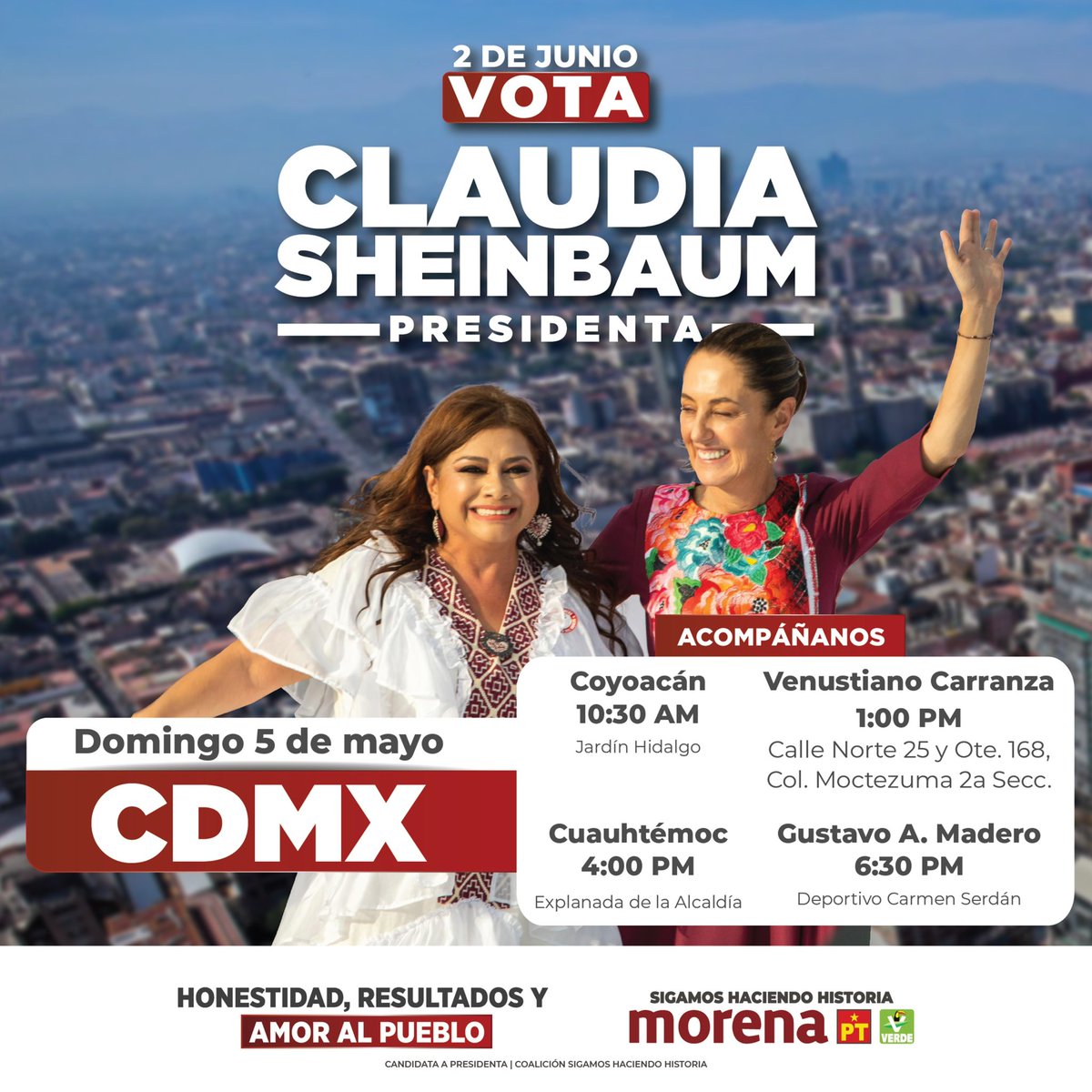 Este domingo recibimos a nuestra futura Presidenta @Claudiashein junto a nuestra futura Jefa de Gobierno @ClaraBrugadaM en Coyoacán, Venustiano Carranza, Cuauhtémoc y Gustavo A. Madero. ¡Allá nos vemos!