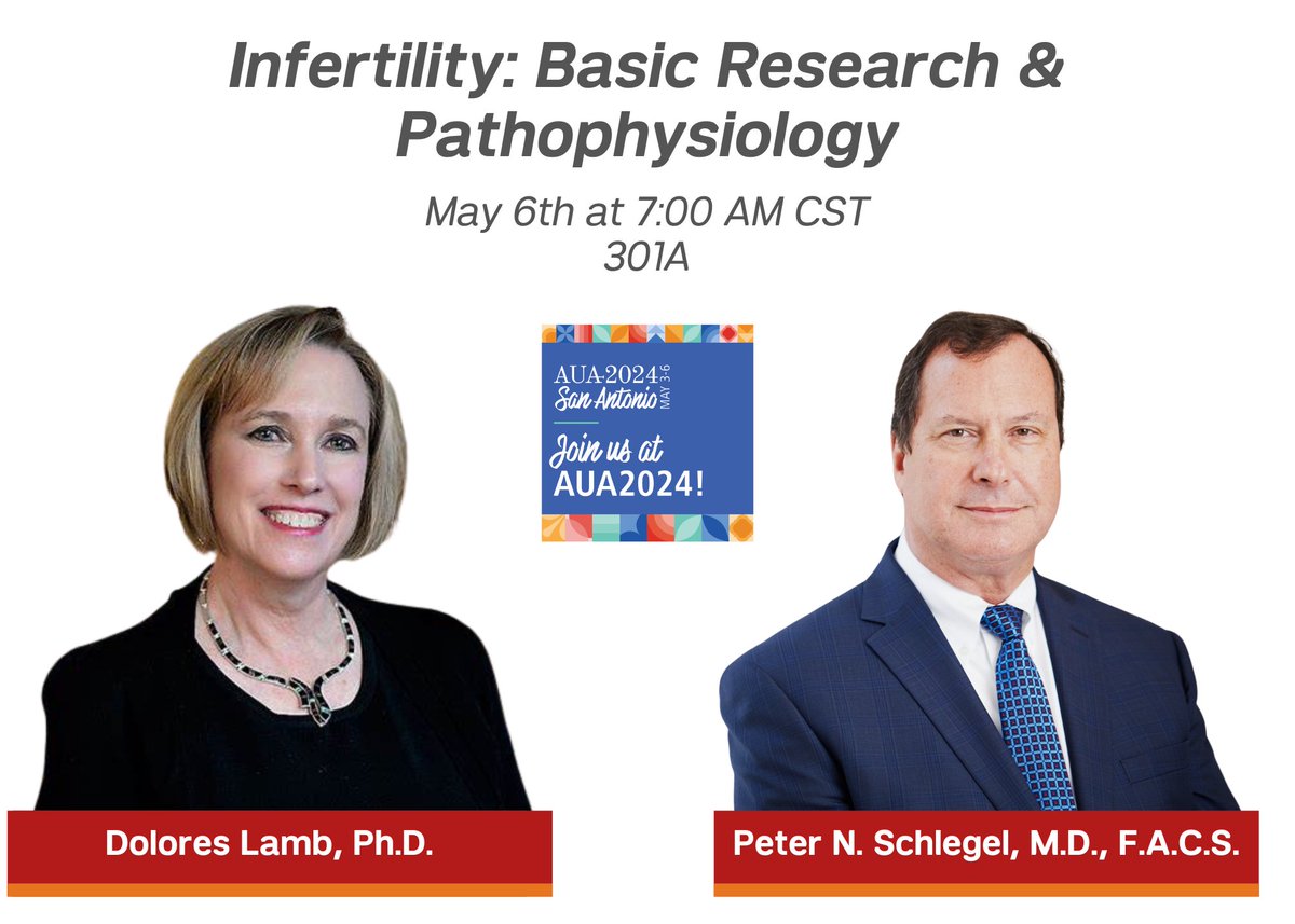 #AUA24 starts today! We invite you to join Drs. Dolores Lamb (@DlambJ) and Peter Schlegel (@PNSchlegel) as they discuss infertility on May 6th at 7 AM CST. To learn more about this poster session or to register, visit aua2021.app.swapcard.com/event/2024-ann…