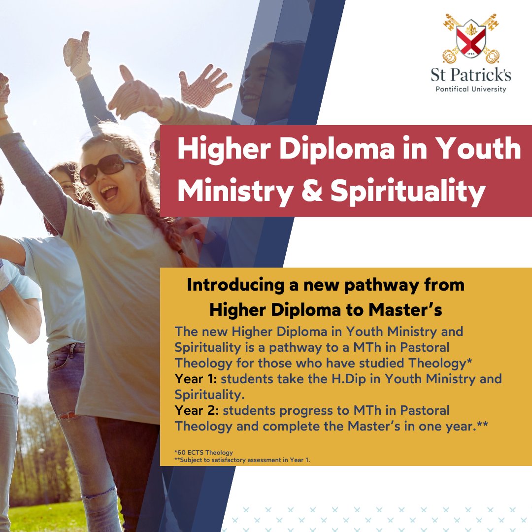 Introducing a new pathway from Higher Diploma to Master’s in Youth Ministry & Spirituality.

More details at sppu.ie/courses/higher… or contact us: cmmadmissions@spcm.ie / 01 708 4778.

#stpatricks #sppu #maynooth #youthministry #spirituality