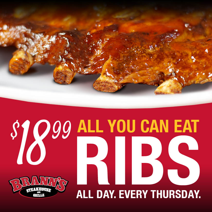 Thursdays just got a whole lot tastier! Gather your loved ones and head over to Brann's for all-you-can-eat ribs. Available at a wallet-friendly $18.99 all day, every Thursday. 😄🔥 #EatAtBranns #Ribs #Lunch #Dinner #MichigansOriginalSizzle
