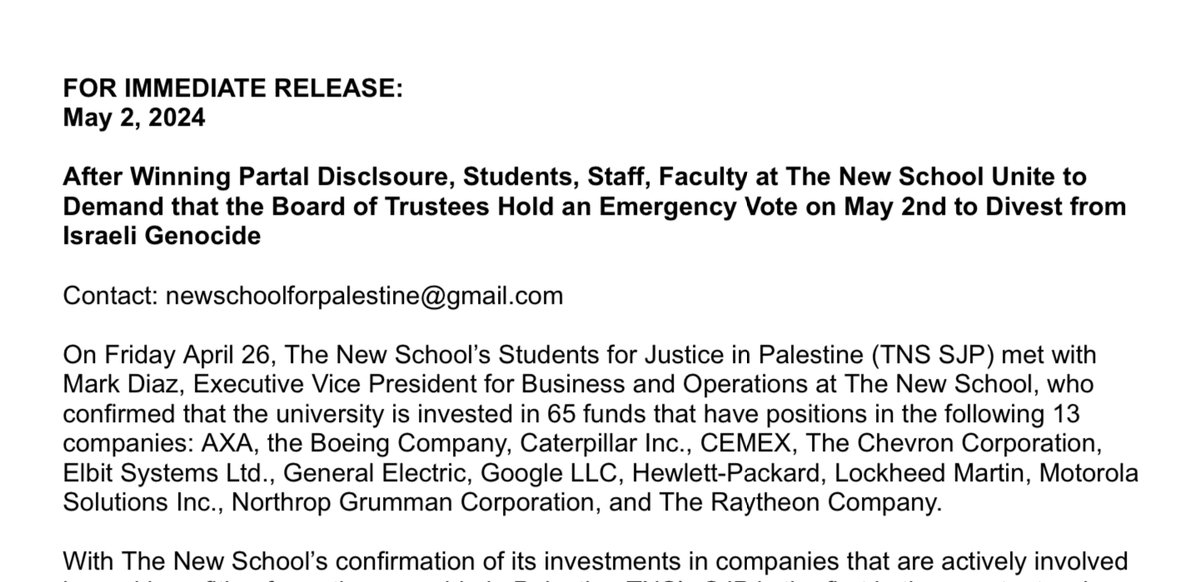 Students, faculty, and staff @TheNewSchool have voted for divestment from 13 companies implicated in Israel's offensive in Gaza! The margins in faculty votes at SPE, Parsons, Lang, and NSSR are overwhelming, with support ranging between 80-90 percent.