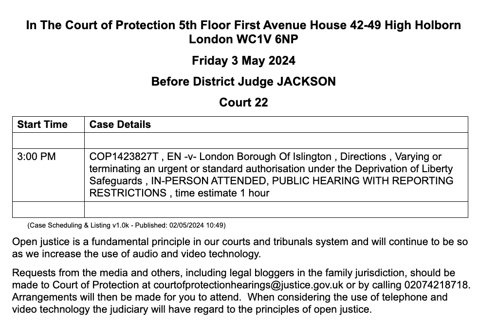 An IN PERSON hearing at First Avenue House in London - Friday 3 May 2024. Call first to check the hearing is going ahead.