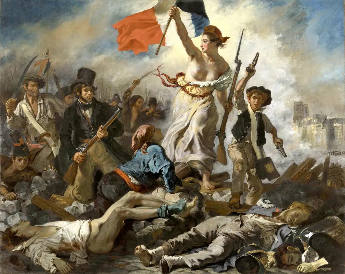 Así de espectacular luce de nuevo en el Louvre 'La libertad guiando al pueblo' (Eugène Delacroix, 1830), uno de los cuadros más famosos de la historia con su icónica Marianne, tras 6 meses de restauración en los que se le han retirado polvo, suciedad y 8 capas de barniz 🧵👇