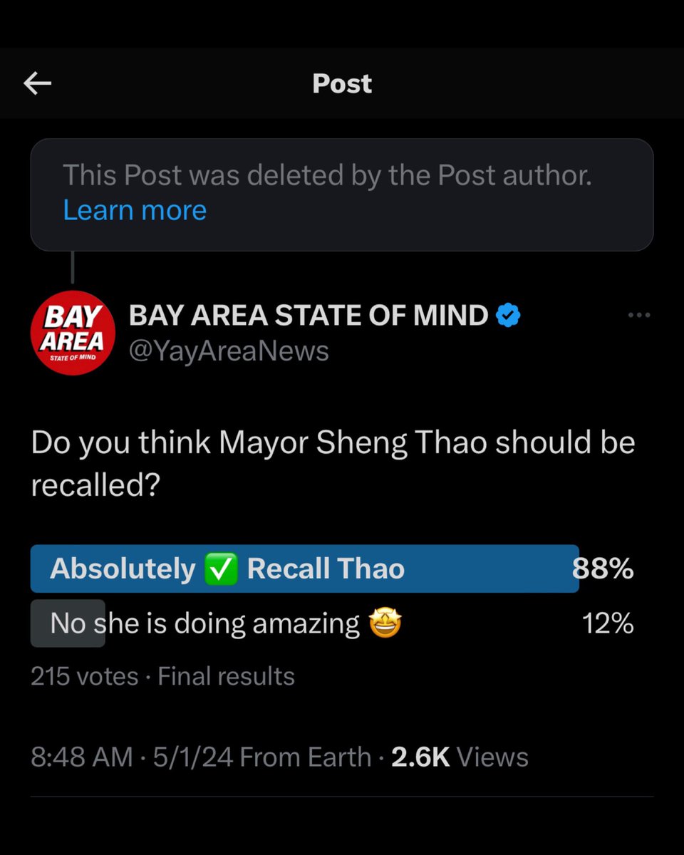 YayAreaNews's tweet image. BREAKING: Oakland Mayor Sheng Thao has deleted her tweet after a public poll in her replies showed 88% of participants voted in favor of her recall
