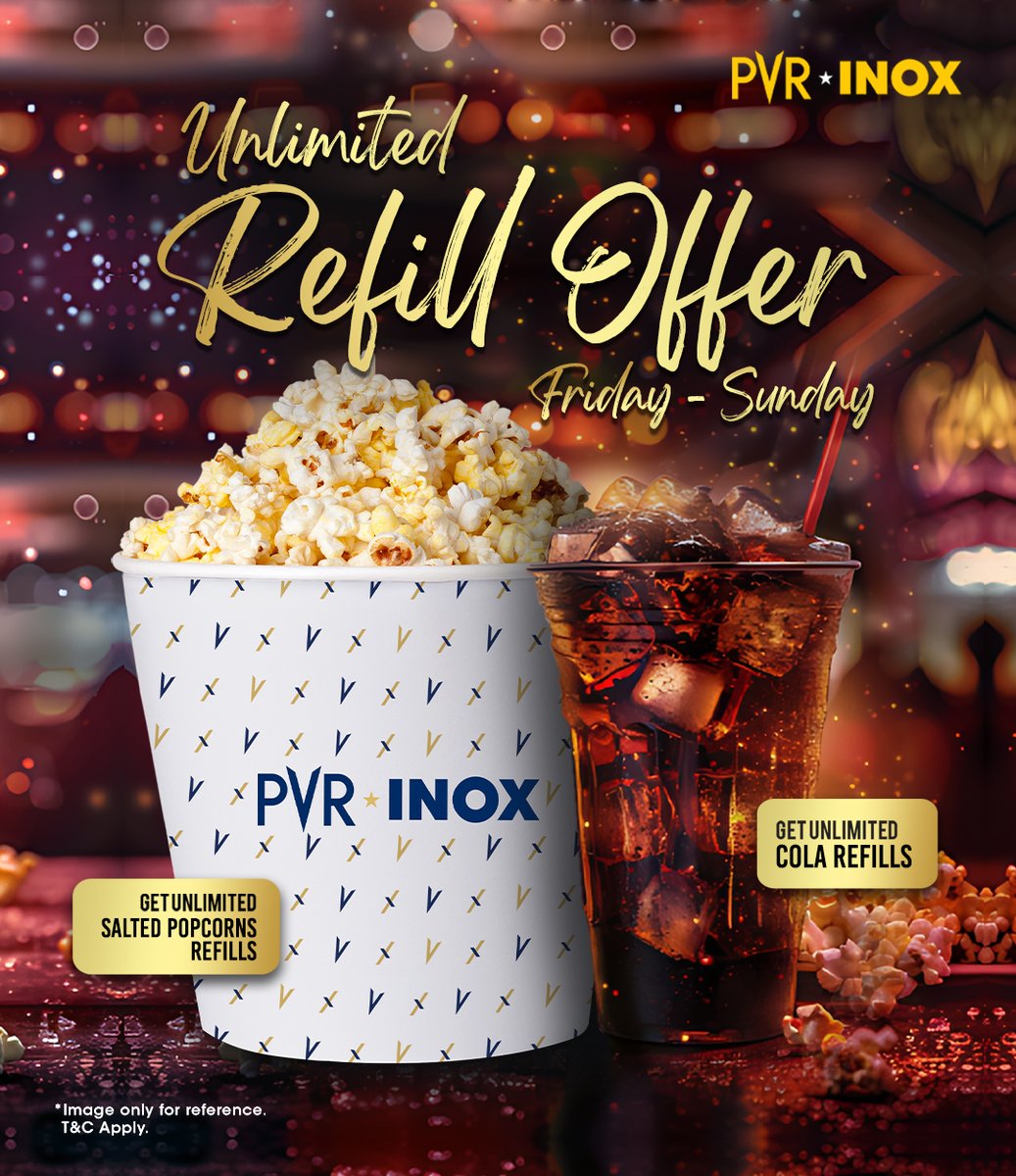 Let’s get the weekend started! 🎉😋 Indulge in some quality entertainment with the unlimited refill offer from Friday to Sunday. Get unlimited salted popcorn and Cola refills to keep the excitement going! 🥤🎬 . . . #UnlimitedRefillOffer #Tasty #PVRTreats #UnlimitedRefills