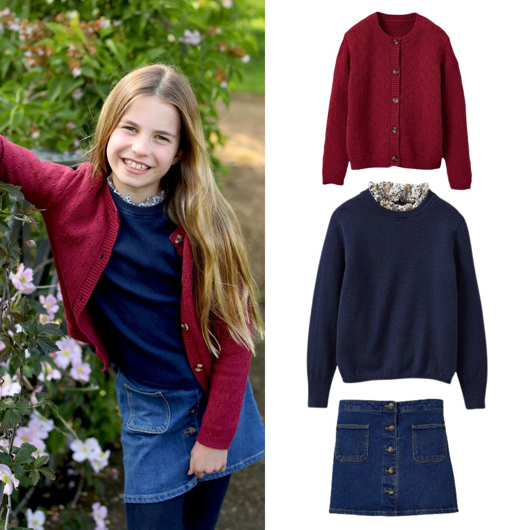 👑 02.05.2024 ~ In her 9th birthday photo #PrincessCharlotte is wearing: NEW ID: @cyrillusofficiel Sweater in @LibertyLondon fabric in navy, with her previously worn: @cyrillusofficiel Girls Cotton and Cashmere Sweater & @cyrillusofficiel Girl's Darkwash Denim Skirt