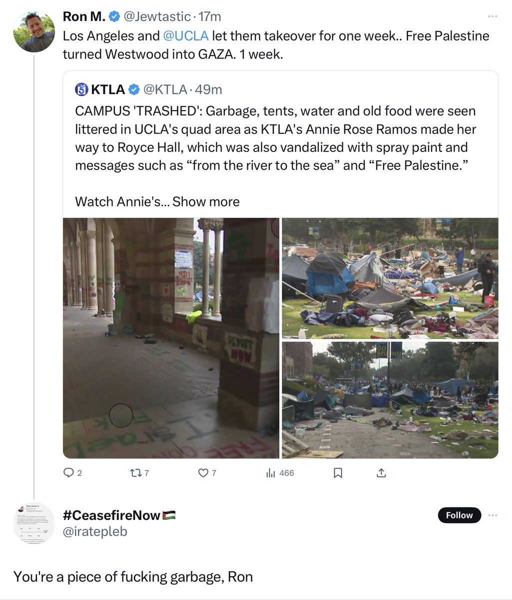 The @UCLAchancellor should be fired. Millions of dollars in taxpayer losses, students unprotected, Jews abandoned. UCLA let this happen. The GAZA Hamas supporters will not be held to account, the city will instead pursue pro-Israel agitators per @MayorOfLA. Fire these people.