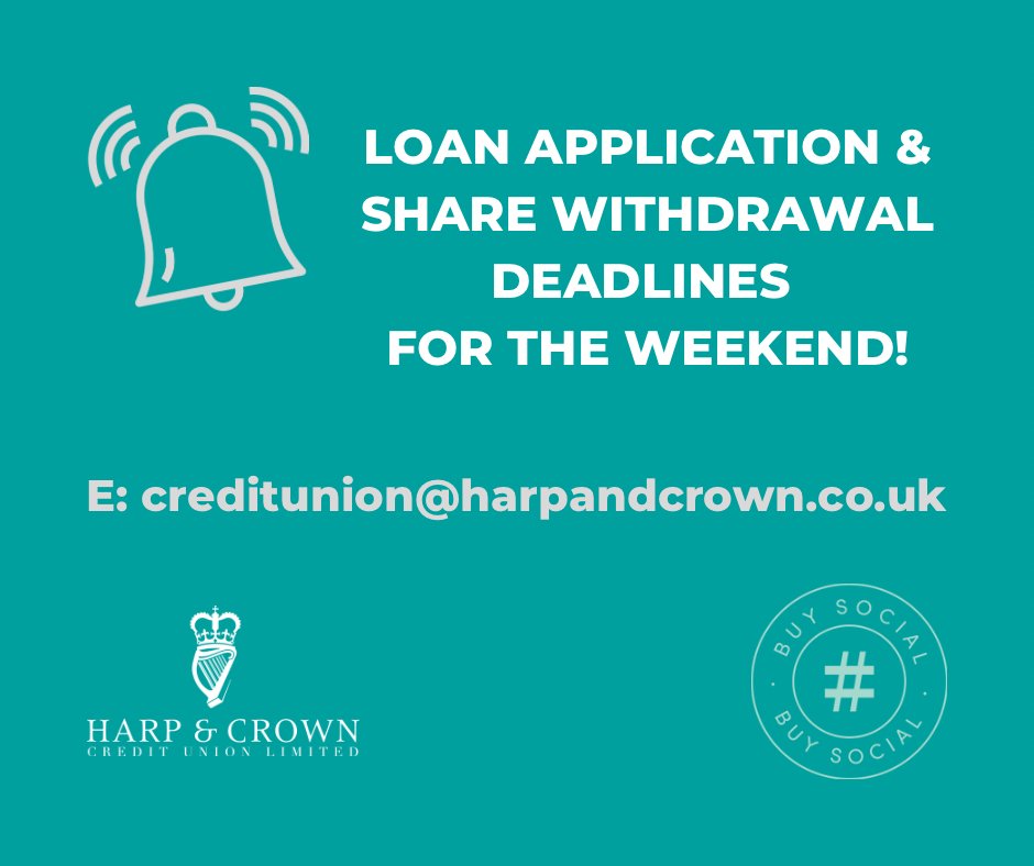 ⏰REMINDER!

Get your LOAN APPLICATIONS in BEFORE LUNCHTIME today to ensure the best chance of APPROVAL and FUNDS into your account for the BANK HOLIDAY weekend!

Ts/Cs apply.

☎️ 028 9068 5198 
📧 creditunion@harpandcrown.co.uk

#creditunion #PoliceFamily #CreditUnionLoans