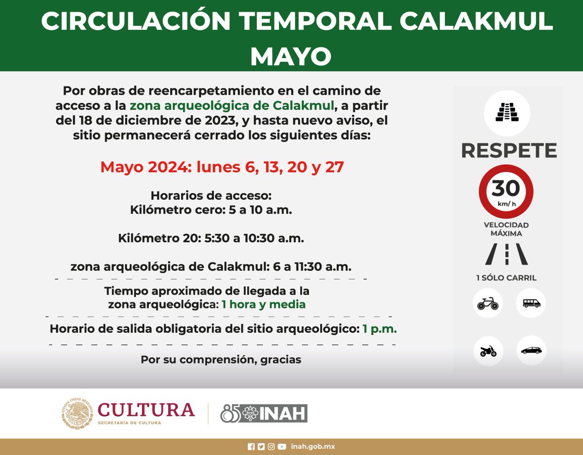 🛑Toma Nota ❗👀
Si planeas visitar la zona arqueológica de Calakmul considera los siguientes horarios temporales 📣
#CentroINAHCampeche #ZonaArqueológica #Calakmul