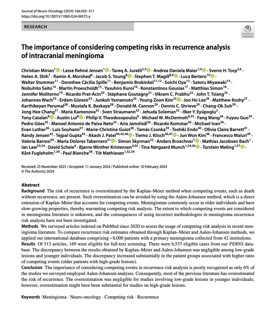 🧠 Our latest article in the Journal of Neuro-Oncology sheds light on the crucial consideration of competing risks. Titled 'The Importance of Considering Competing Risks in Recurrence Analysis of Intracranial Meningioma link.springer.com/article/10.100… #NeuroOncology #Meningioma