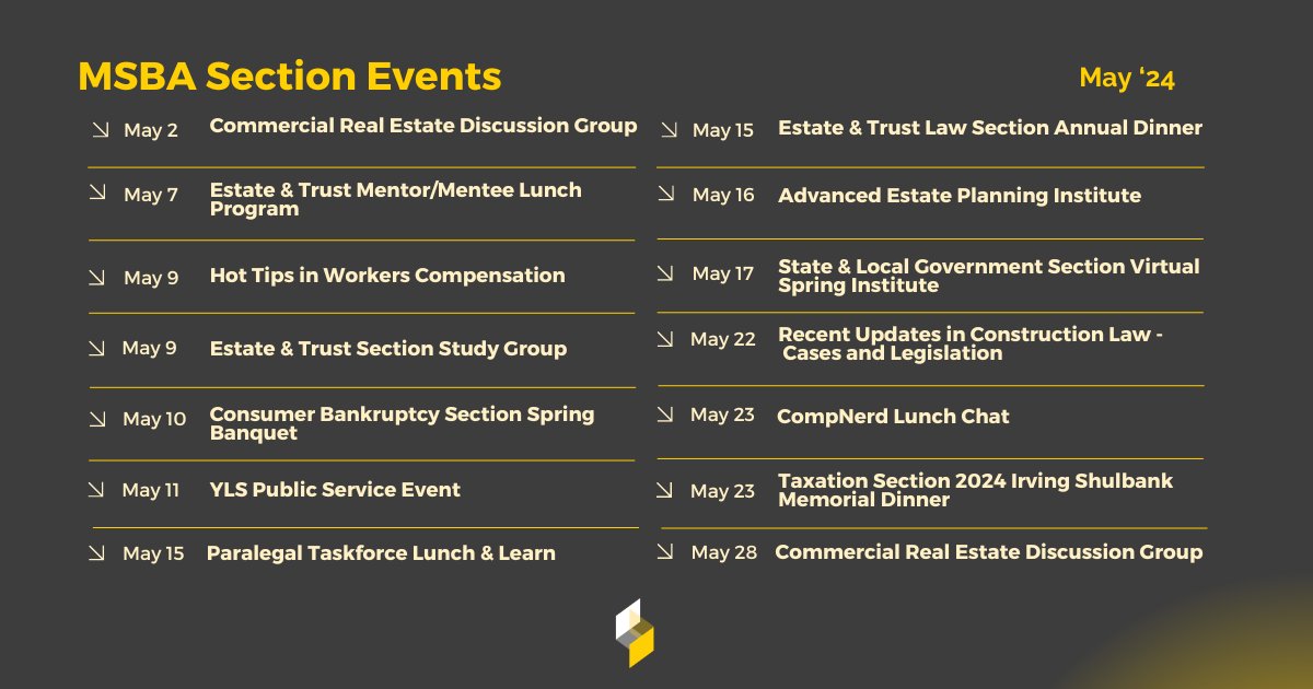 Are you an MSBA section member?  When you join MSBA, you have the opportunity to register for any of our 22 unique practice-driven sections, and 3 specialized affinity groups.  Check out what our sections are up to this month and explore the possibilities of section membership: