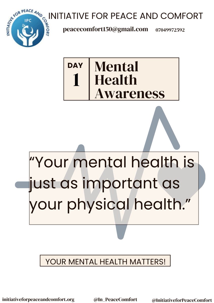 Whatever efforts you invest in other endeavours such as physical exercise and fun, do well to devote same to your mental health.
Day1/30
#mentalhealthawareness
#mentalhealthmatters
#mindfulness
#personalgrowth
#selfcarematters
#emotionalwellbeing