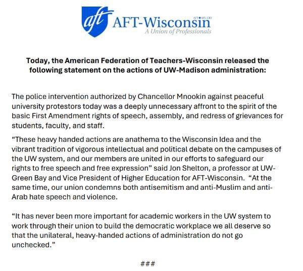 @AFTWisconsin statement on the outrageous actions of the UW-Madison chancellor yesterday. @DLSimmonsPhD @BrianTWelsch @JulieMSchmid @AFTHigherEd @NicholsUprising @harveyjkaye @rweingarten @AFTHigherEd @NelsonforWI
