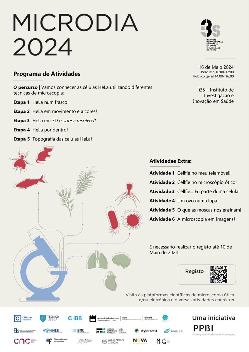 MicroDay 📅16 May 🎯General public Registration⏰10May For MicroDay, #i3S is showcasing its #microscopy capabilities. Schools are taking up the morning, but the afternoon is reserved for the general public! Register at tinyurl.com/2cs7s3xk #i3Sedu #SciComm #scienceoutreach