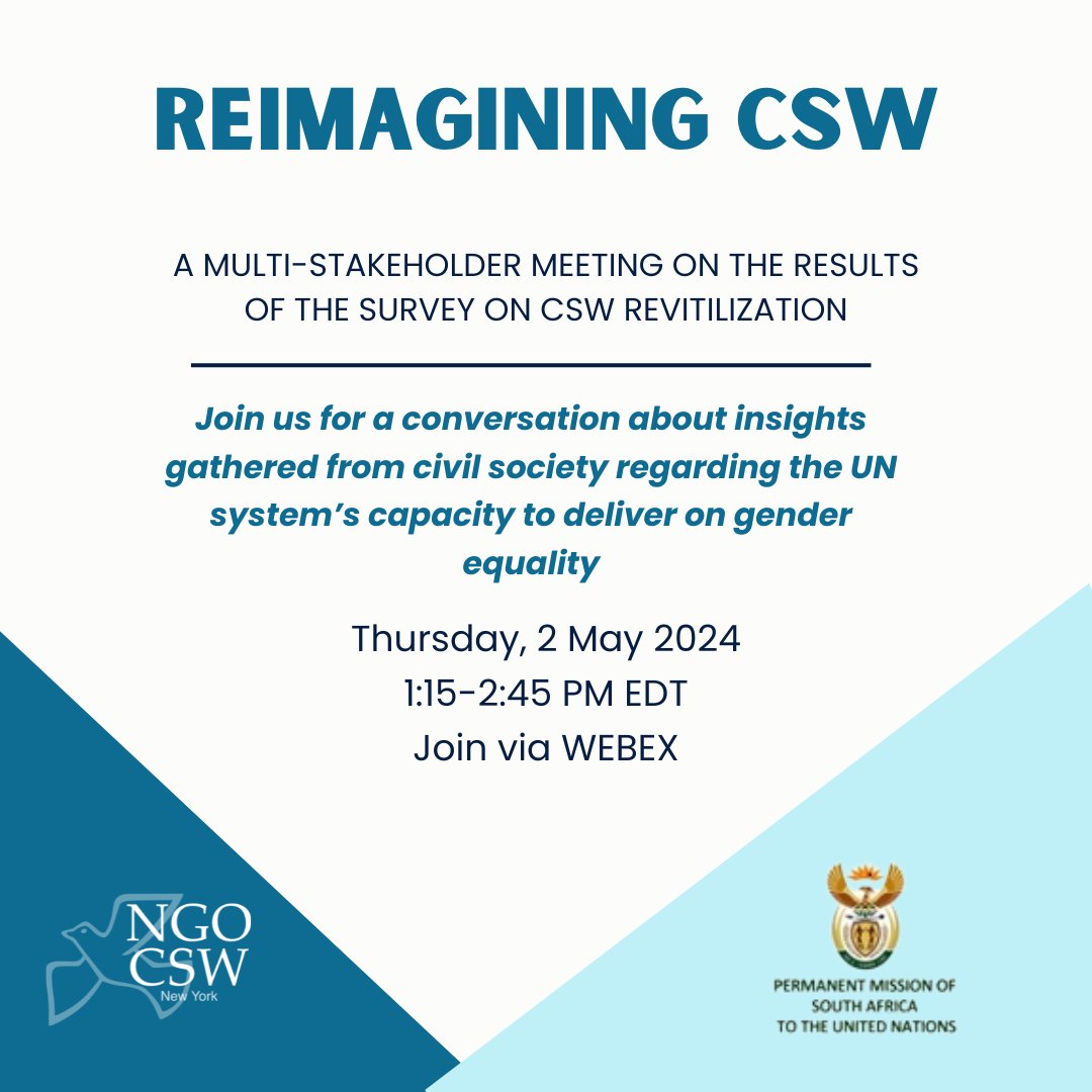 Join us at 1:15 PM today for an insightful conversation on reimaging CSW. This multi-stakeholder meeting will focus on the insights gathered from civil society regarding the UN system’s capacity to deliver on gender equality. Join the meeting virtually: unvc.webex.com/unvc/j.php?MTI…