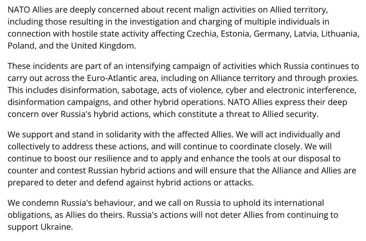 露のハイブリッド行為に関する北大西洋理事会声明（5月2日）。NATO各国での露による偽情報、破壊、サイバー・電子干渉等の行為を同盟の安全保障への脅威として懸念表明。ウへの支援継続は抑止されないとも表明（NATOはウ支援阻害が露の目的だと判断していることを示唆）。
nato.int/cps/en/natohq/…