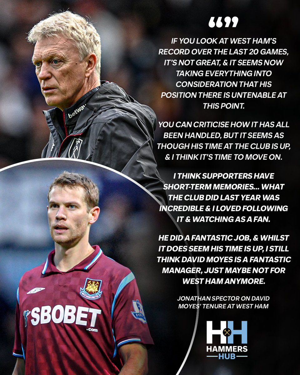 'I still think that David Moyes is a fantastic manager, just maybe not for West Ham anymore.' 🧐

Former defender Jonathan Spector gives a well balanced view of the David Moyes contract situation at West Ham right now ⚖️