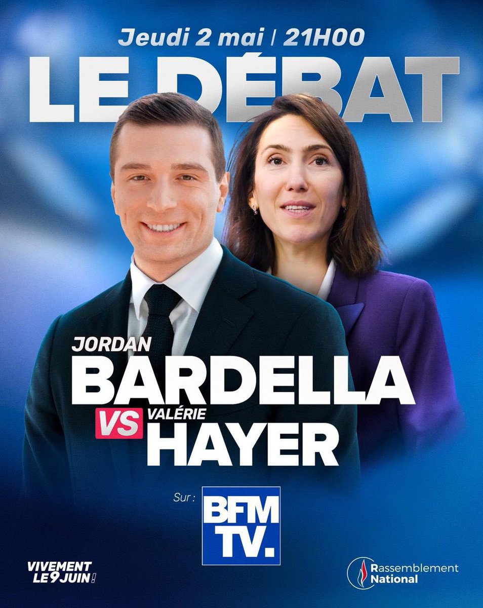 🔴 Ce soir à 21h sur @BFMTV, @J_Bardella débattra avec la candidate d’E. Macron, V. Hayer. Jordan Bardella, il est le seul, dans cette élection, à pouvoir faire échec au délitement de la France organisé par les macronistes. #VivementLe9Juin #LeDebat