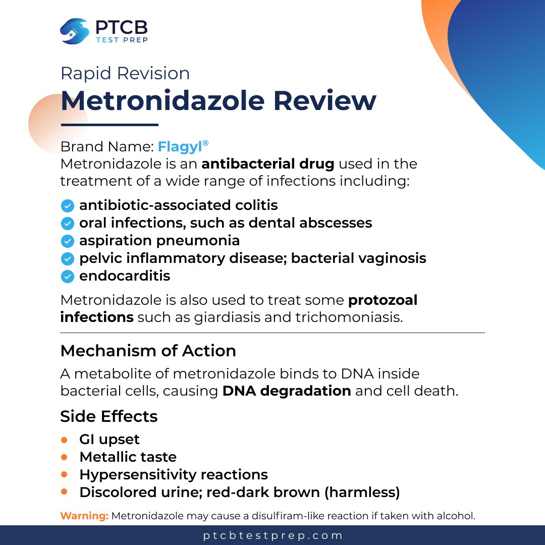 💊METRONIDAZOLE.

There are approximately 2.5 million prescriptions of metronidazole each year.

Here, we have put together all the key details about this medicine you need to know.

#Metronidazole #pharmacytechnician #PTCB #ptcbtest #ptcbexam