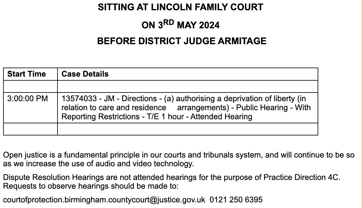 An IN PERSON hearing in Lincoln on Friday 3 May 2024. Call first to check it is going ahead.