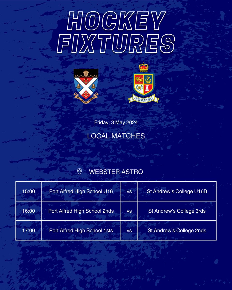 HOCKEY FIXTURES Our U16B, 3rd and 2nd hockey teams will be playing against Port Alfred High School tomorrow at the Webster Astro. Good luck boys!