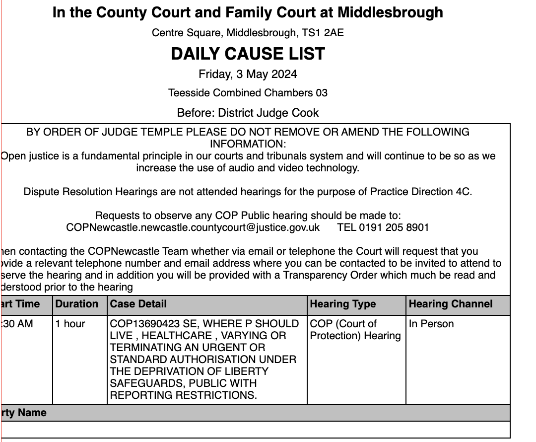 This is an IN PERSON hearing in Middlesbrough on Friday 3 May 2024. The time on the listing is not visible - it is in the morning. We suggest calling the court early to check the time and that the hearing is happening, then heading to court.