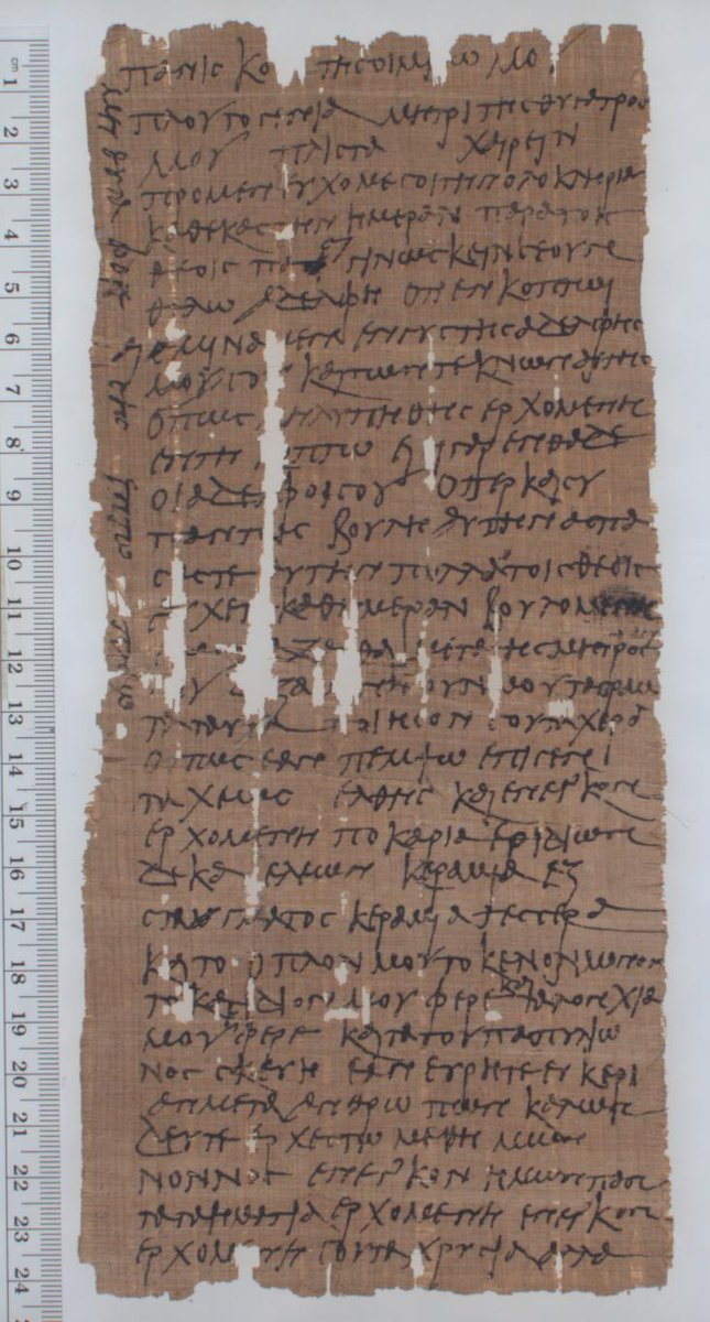 A papyrus letter from #Roman Egypt, written by Paniskos to his wife Ploutogenia, asking her to travel to Koptos. He asks her to bring olives, wine, wool, their clothes, his military kit, & her gold jewellery - but he warns her not to wear it on the journey! (📷 Uni Michigan)