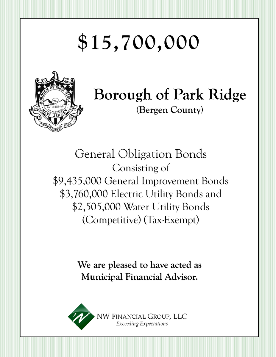 Celebrating Success: Another Closed Deal!

NW Financial served as Municipal Financial Advisor to the BOROUGH OF PARK RIDGE on the following Bond transaction which closed on April 25, 2024.

#nwfinancial #municipaladvisor #parkridgenj #newjersey #govenmentfinance #financialadvisor