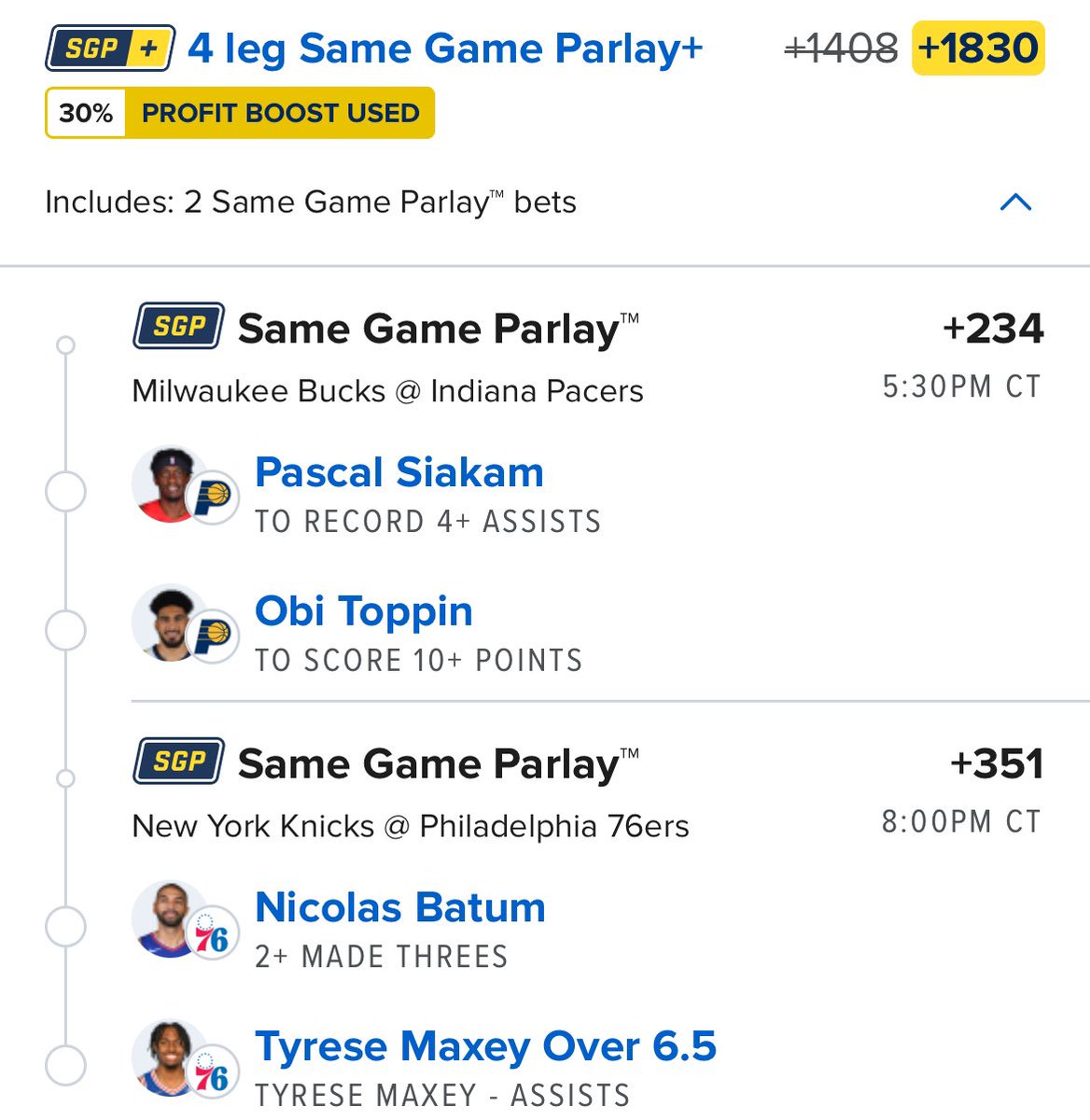 🏀 NBA Parlay (+1830) 🚀 

Let’s cash back to back parlays 🤝 

Hit ❤️ if you’re TAILING

#GamblingX #NBA #NBAPicks