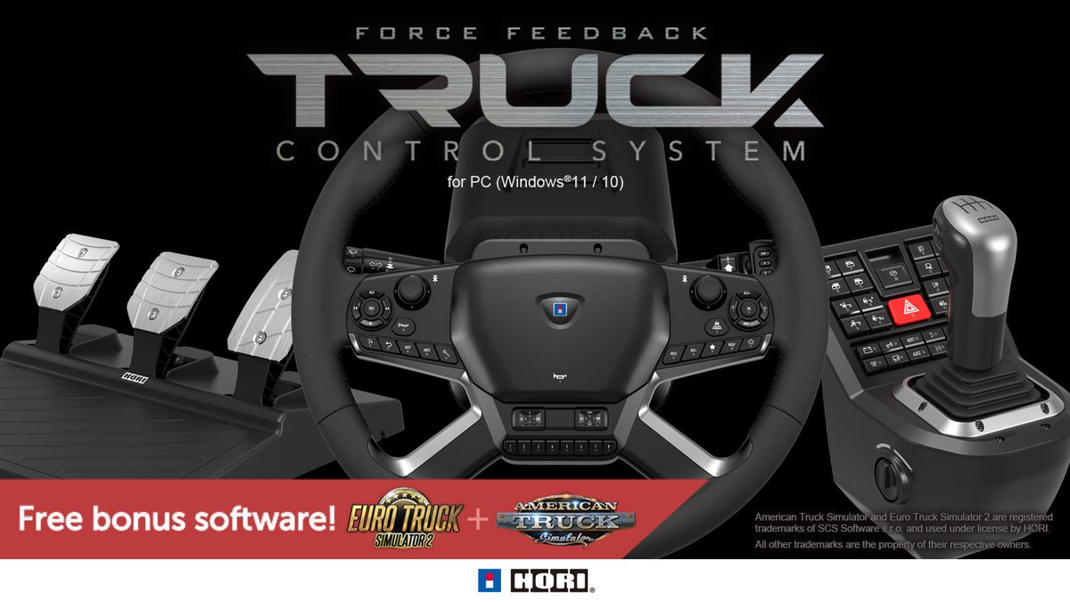 Announcing the HORI Force Feedback Truck Control System for PC, developed in cooperation with @SCSsoftware, creators of the Euro Truck Simulator 2 & American Truck Simulator.
Out this fall.

Get the very first look in their official live stream!
18:00 CET: Twitch.tv/SCSSoftware