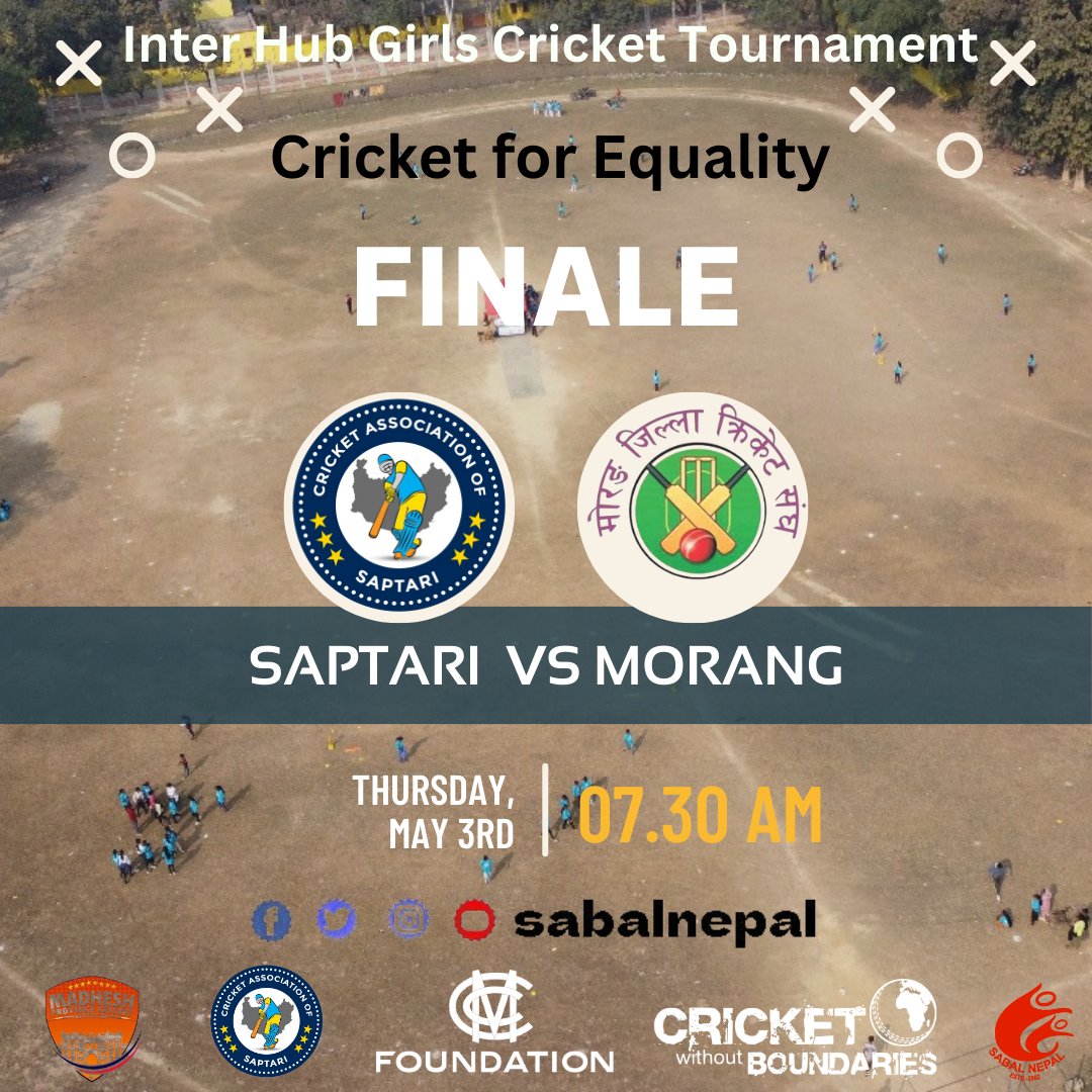 Get ready for an electrifying finale as Saptari clashes with Morang in the Inter-Hub Girls Cricket Tournament at PB School Cricket Ground! 🏏

#CricketforEquality

@SABALNEPAL @CricketSaptari  @MCCFoundation @CWBglobal

 #Cricket #GirlPower  #FinalShowdown