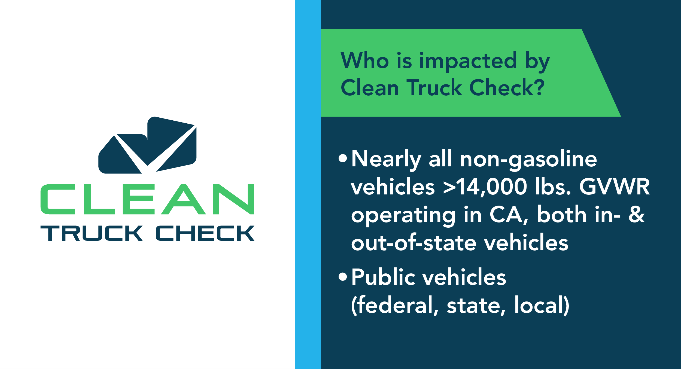 Who is impacted by the #CleanTruckCheck? ☑️ Nearly all non-gasoline vehicles >14,000 lbs. GVWR operating in CA, both in- & out-of-state vehicles. ☑️ Public vehicles (federal, state, local). ➡️ arb.ca.gov/cleantruckcheck