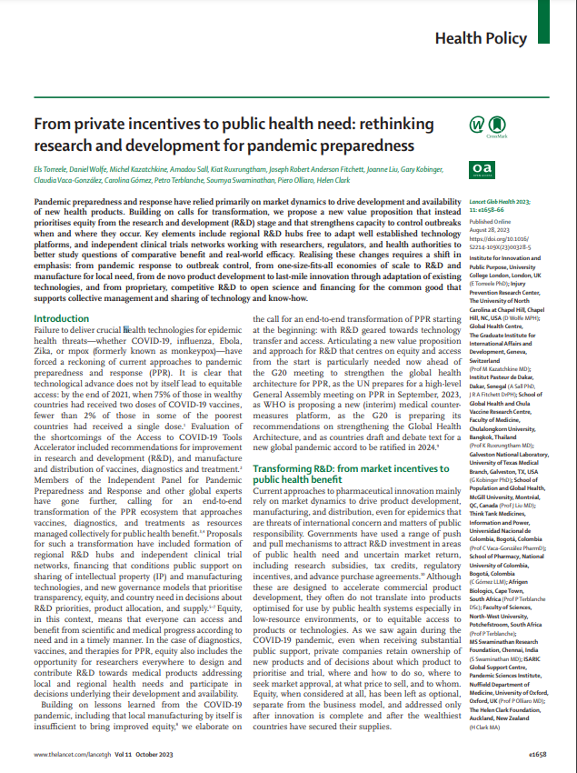 Equity is not optional. It cannot be separated from financing R&D.  We learnt from HIV that access to products must be at the heart of innovation.
Health tech innovation and R&D must prioritise people over profits, not the other way round.
#PandemicAccord
thelancet.com/journals/langl…