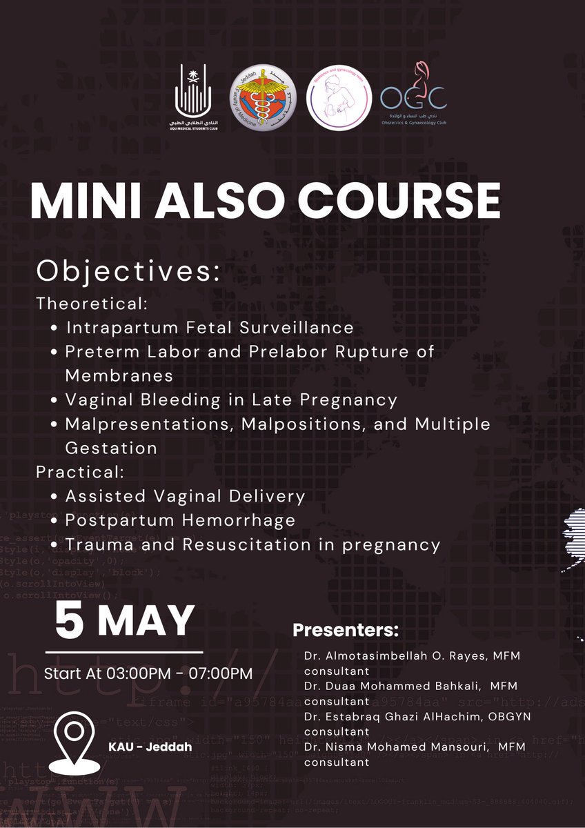 UQUObGynTeam's tweet photo. The Advanced Life Support in Obstetrics (ALSO) course 🤰🏻🚨

We present to you our “ Mini-ALSO “ course in collaboration with @OGC_KAU 💫

Registration link:-
https://t.co/MNCLunDcZi

Seats are limited⏳

#ObgynTeamUQU X #Ogc_kau
#UQUMSC2024
#AdvancedLifeSupportinObstetrics https://t.co/GR7qhQqkgE