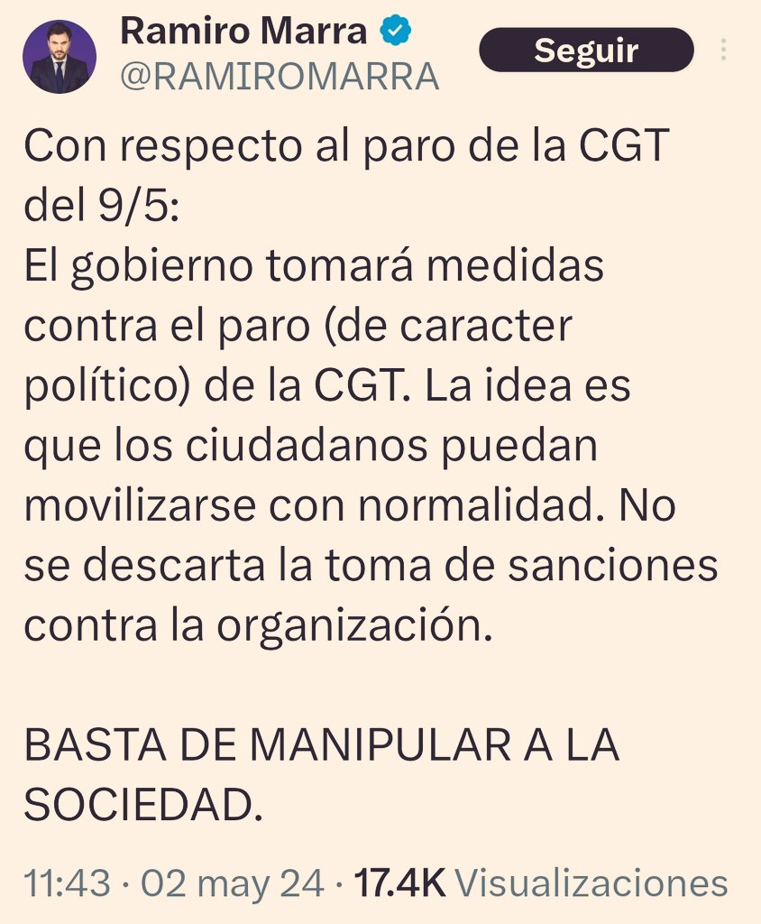 Marra avisó que el régimen de Milei 'tomará medidas' contra el paro general convocado por la CGT para el 9 de mayo. El problema de los libertarios es que no tienen peso en ningún gremio porque no trabajan, y no entienden la Constitución Nacional porque son analfabetos.