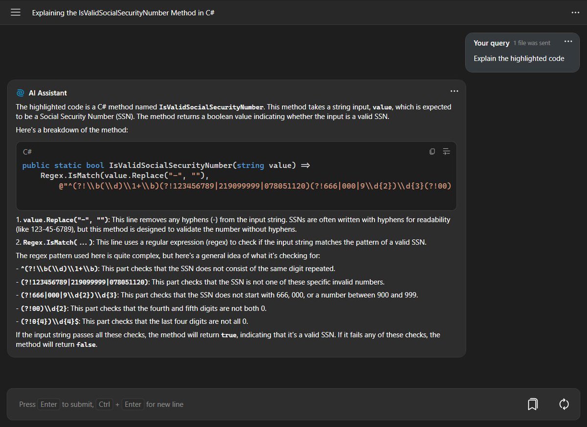 Jetbrain AI
Highlighted code and asked to explain the code.

#jetbrain #ai #resharper #visualstudio