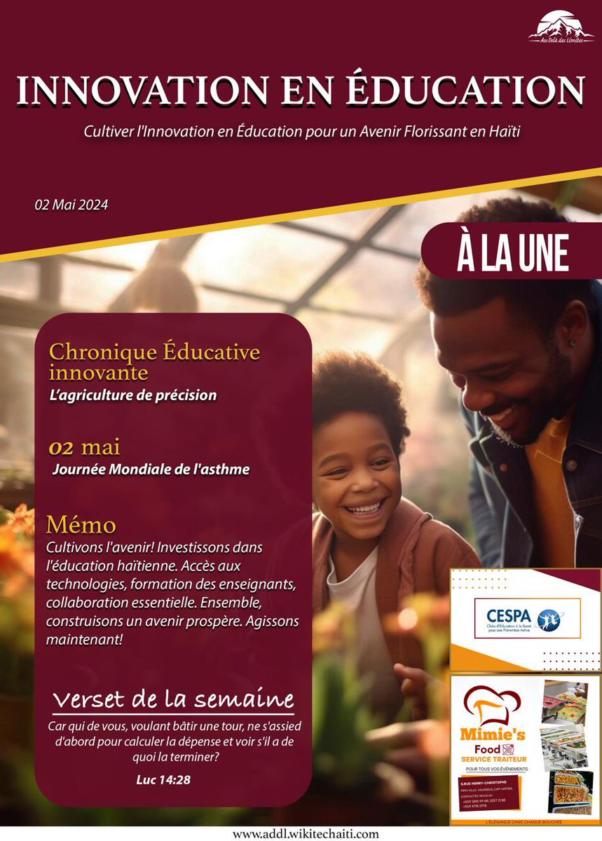 La Une du jour dans Addl 

addl.wikitechaiti.com/index.php

#AgricultureModerne #TechnologieAgricole #Durabilité #InnovationÉducative #DéveloppementDurable #HaïtiProsperera