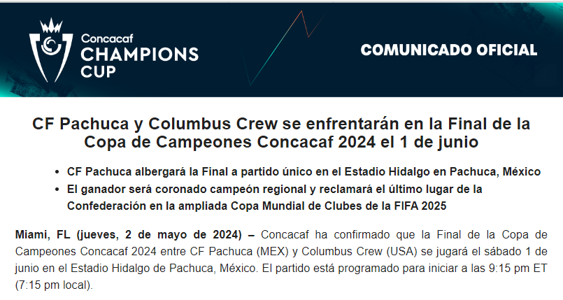 OFICIAL: Pachuca vs Columbus, final de Concacaf, sábado 1 de junio, 7:15pm en el estadio Hidalgo.