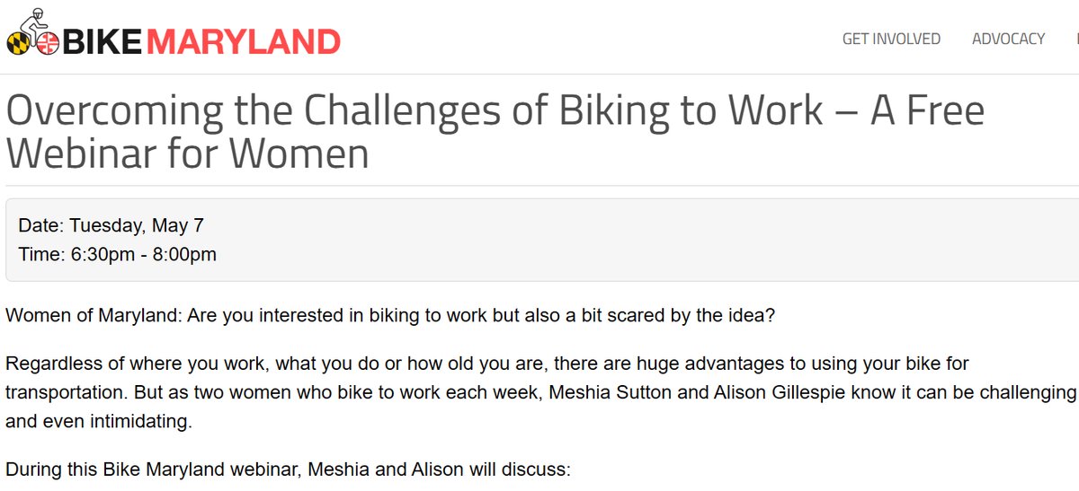 Overcoming the Challenges of Biking🚴to Work – A #Free Webinar for Women from @BikeMaryland 
🗓️Tuesday, May 7, 2024
⏰6:30pm - 8:00pm
👩‍💻To participate➡️tinyurl.com/bpazt7xh
@BikeToWorkDay #BTWD2024 #bikemoco #mocobikes #montgomerycountymd #visionzero