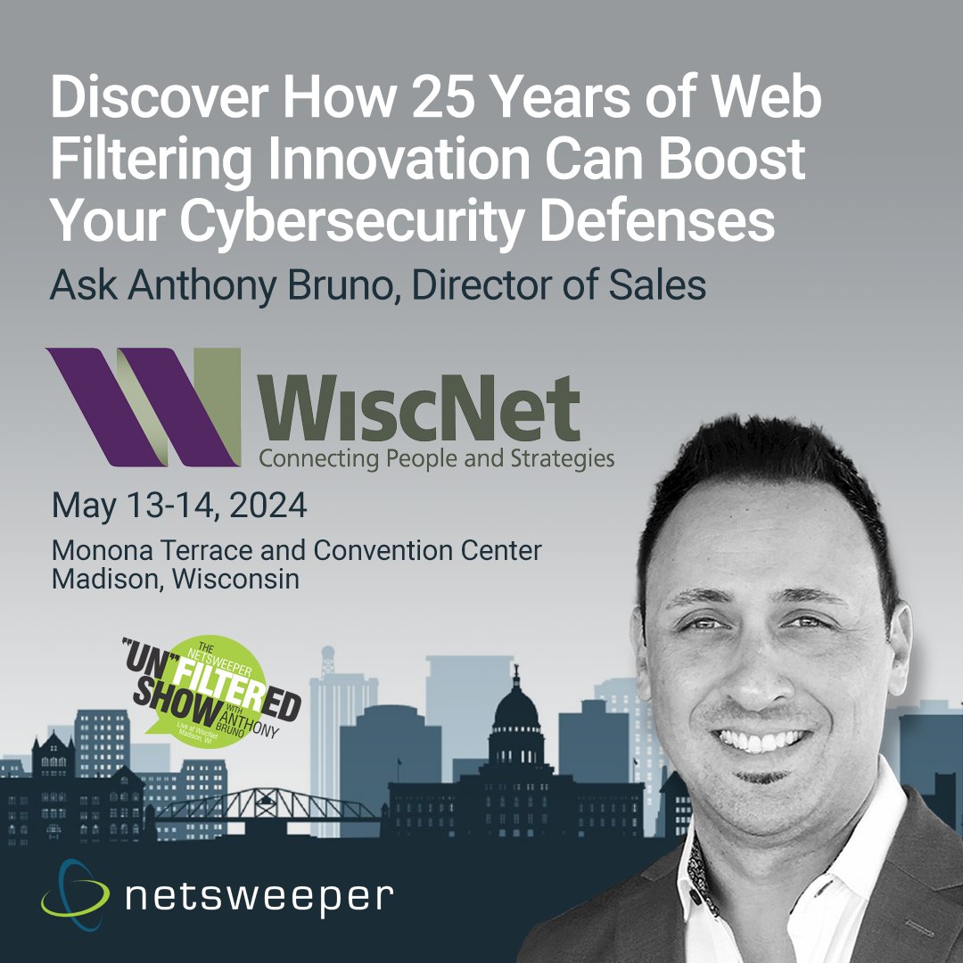 netsweeper's tweet image. #WiscNet is almost here! Looking to boost your #cybersecurity defenses? Be sure to drop by to see us and catch our speaking session on May 13th. Get all the details here: bit.ly/3v7KTx2