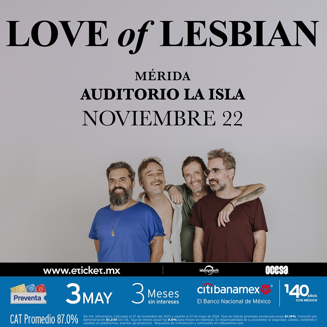 ¡Una más! ⚡️ @loveoflesbian también tendrá parada en Mérida.🖤 #PreventaCitibanamex: 3 de mayo. Venta general a partir del 4 de mayo.