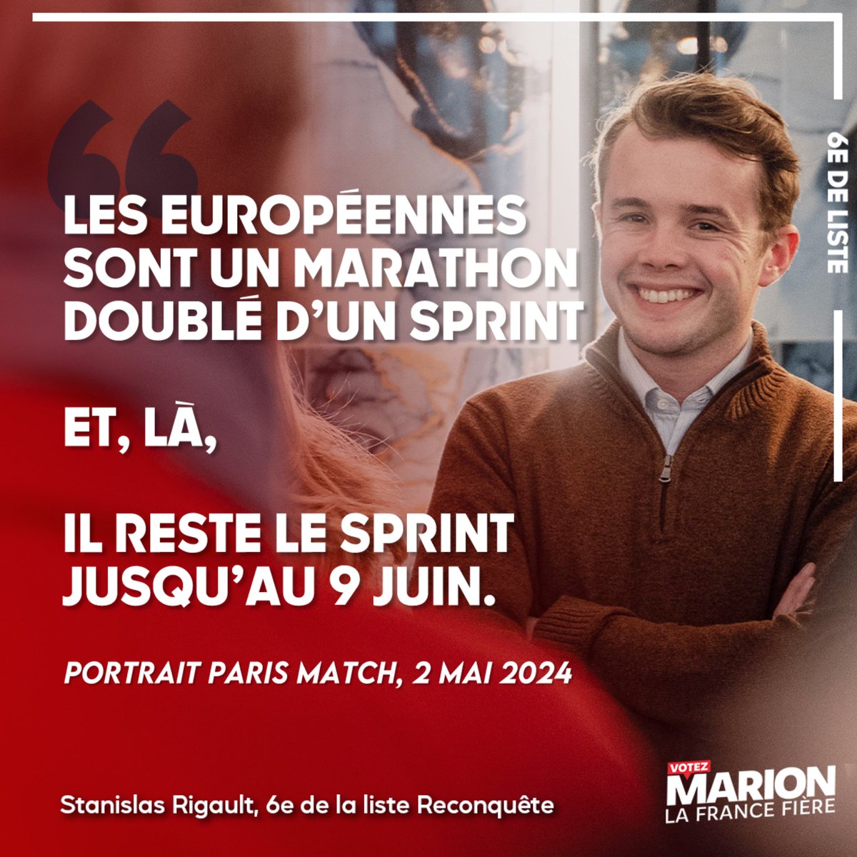 Je serai 6e sur la liste de @Reconquete_off pour les Européennes.

À cette occasion, retrouvez mon portrait dans le @parismatch en kiosque dès aujourd’hui ou sur leur site.

En route pour le 9 juin !

#VotezMarion