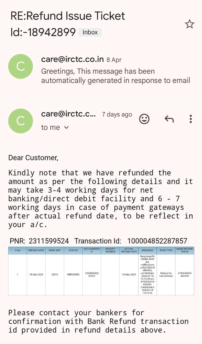 Dear @GooglePay
I had booked a train ticket on 14th March which was cancelled.  The payment has been refunded by IRCTC on 18th March. but has not come in my account yet.  Google pay you have stopped my payment for last 50 days.  send payment to my account soon
@GooglePayIndia