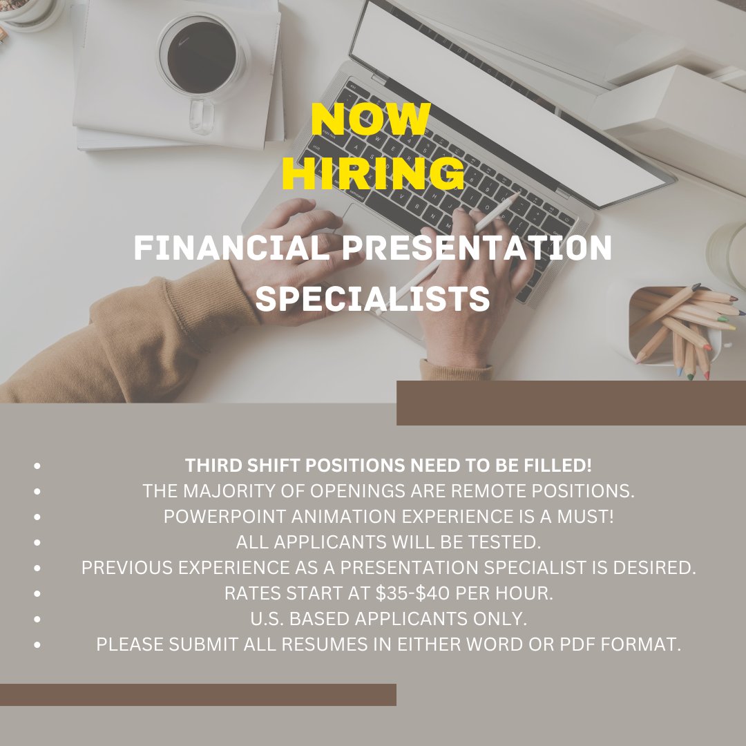 Now hiring: Financial Presentation Specialists. Please send your resumes to henry@larsenbrown.com.  

#recruitment #nycjobs #work #staffing #employment #consultant #graphicdesign #presentations #financialservices #financialoperator #remotejob #remotework #thirdshift #larsenbrown