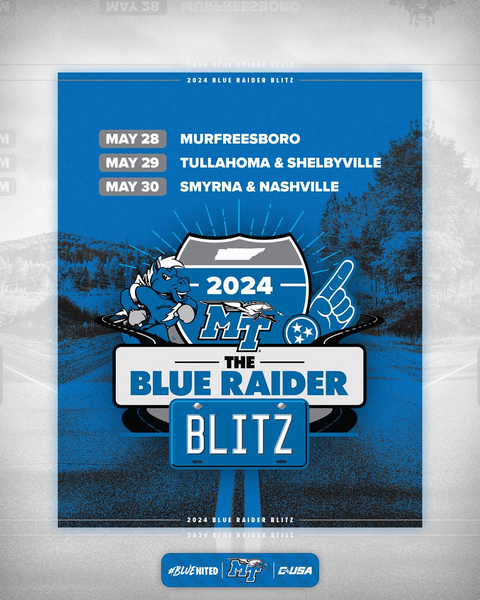 The Blue Raider Blitz is BACK! We're getting out on the road at the end of the month!

📍 May 28 – Murfreesboro
📍 May 29 – Tullahoma & Shelbyville
📍 May 30 – Smyrna & Nashville

#BLUEnited