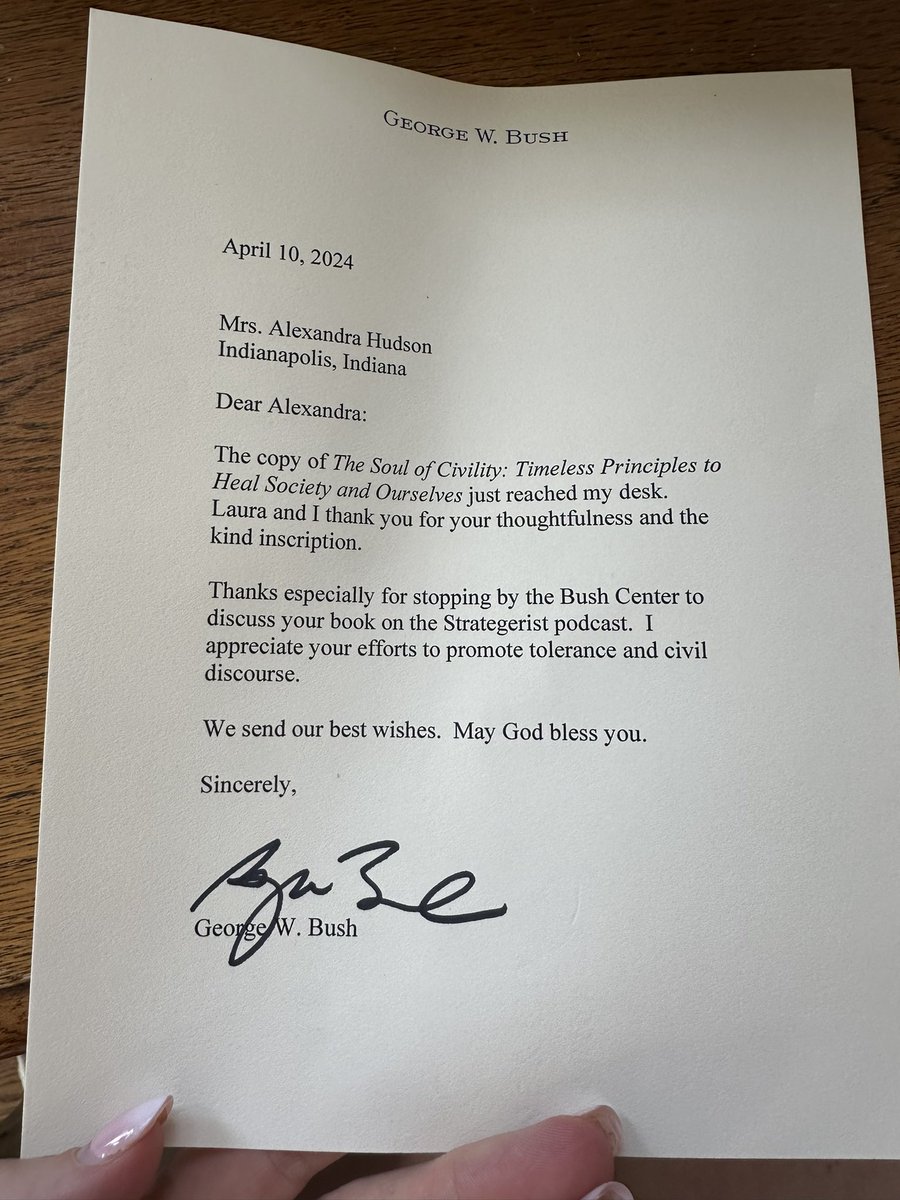 Thank you President Bush for the thoughtful note & to your team for being such gracious hosts, practically & intellectually, during my visit to @TheBushCenter! Can’t wait for you to read The Soul of Civility, a handbook for individual citizens to flourish across difference.